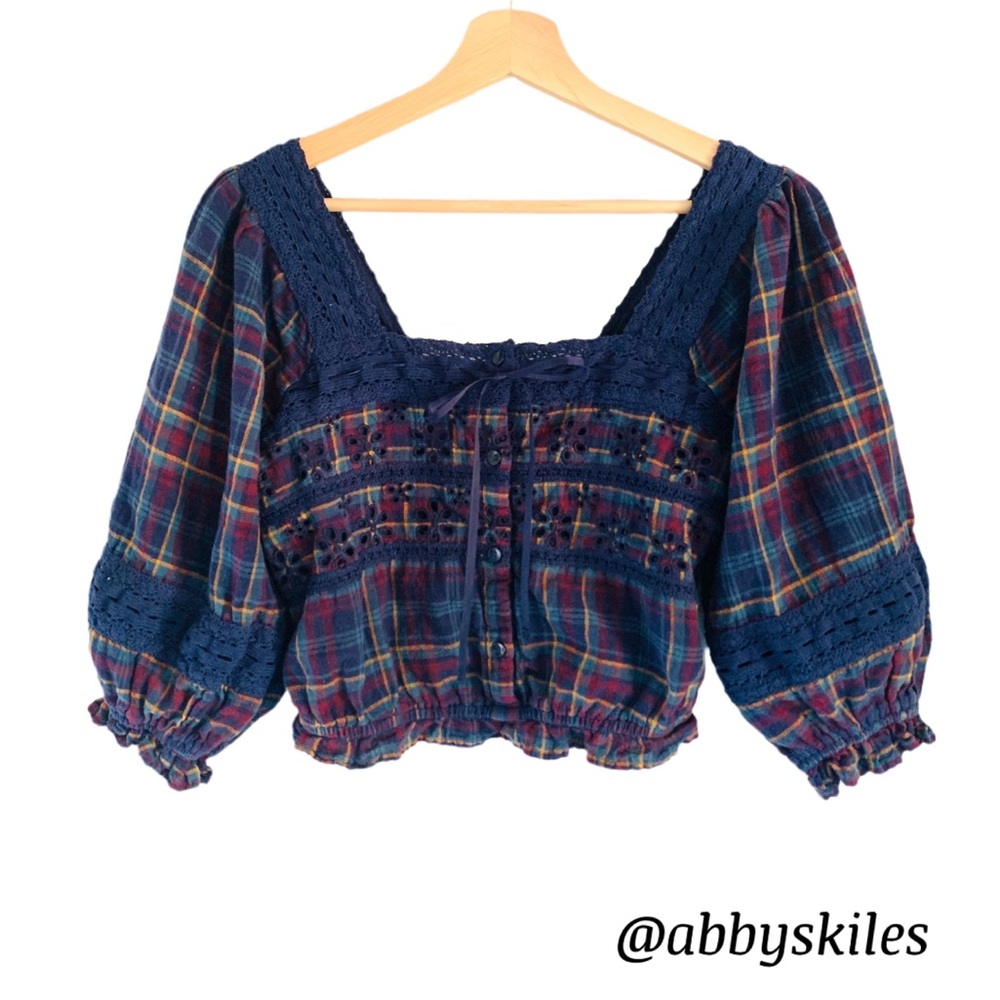 American Eagle Puff Sleeve Milk Maid Crop Top Blue Plaid Size XS Square Neckline - Picture 2 of 13